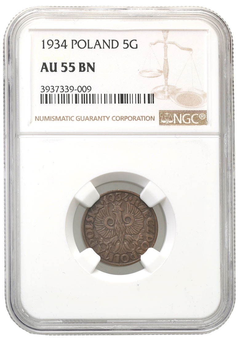 II RP. 5 groszy 1934 NGC AU55 - Najrzadszy rocznik